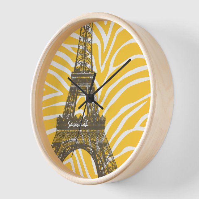 Personalised Pink Yellow Zebra Eiffel Tower Clock (Angle)