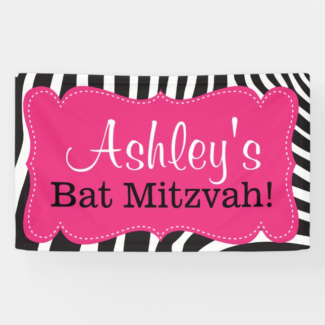 Personalised Pink Zebra Print Bat Mitzvah Banner (Horizontal)