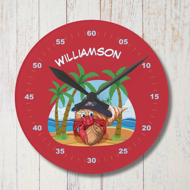 Personalised Pirate Hermit Crab Beach fun kids  Round Clock (Creator Uploaded)