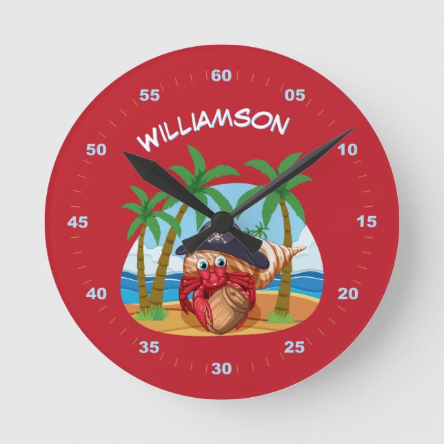 Personalised Pirate Hermit Crab Beach fun kids  Round Clock (Front)