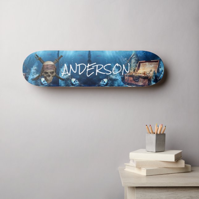 Personalised  Pirate Skull & Cross Swords Skateboard (Wall Art (Horz))
