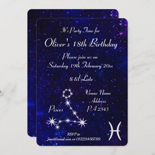 Personalised Pisces Zodiac Galaxy Party Invitation (Front/Back)