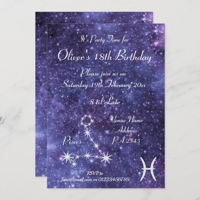 Personalised Pisces Zodiac Galaxy Party Invitation (Front/Back)