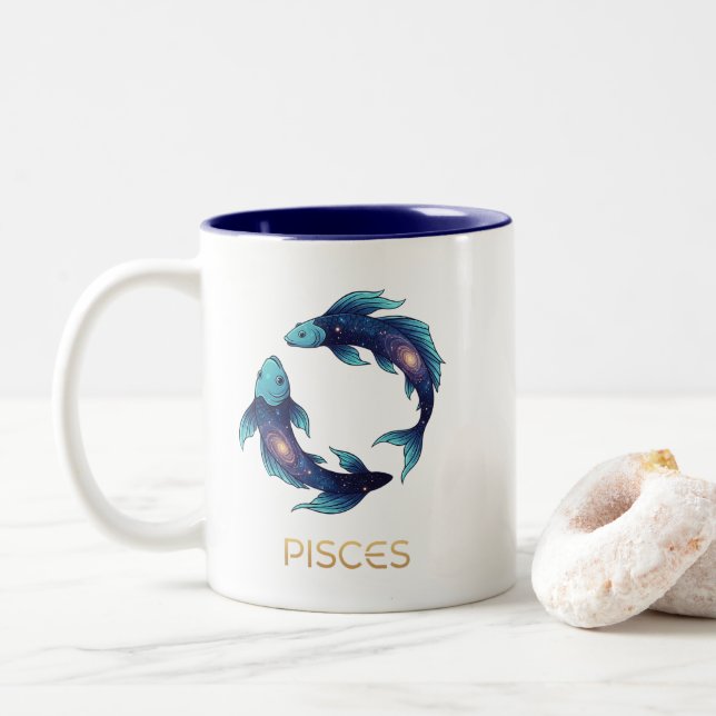 "Personalised Pisces Zodiac sign Name and traits Two-Tone Coffee Mug (With Donut)