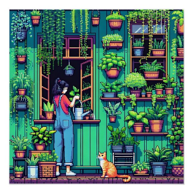 Personalised Pixel Art Plants and Cat  Poster (Front)