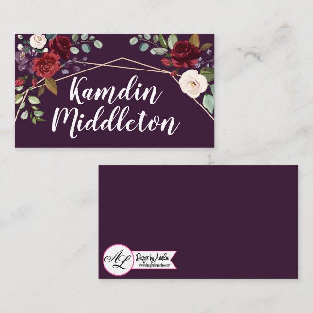 Personalised Place Cards Plum Purple Roses Gold Ge (Front/Back)