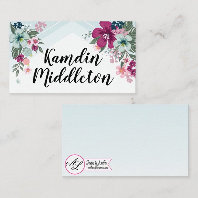 Personalised Place Cards Tropical Flowers on Blue (Front/Back)