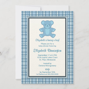 Personalised Plaid Bear Boy Baby Shower Invites