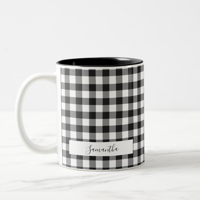 Personalised Plaid Black White Rustic Gingham Mum Two-Tone Coffee Mug (Left)