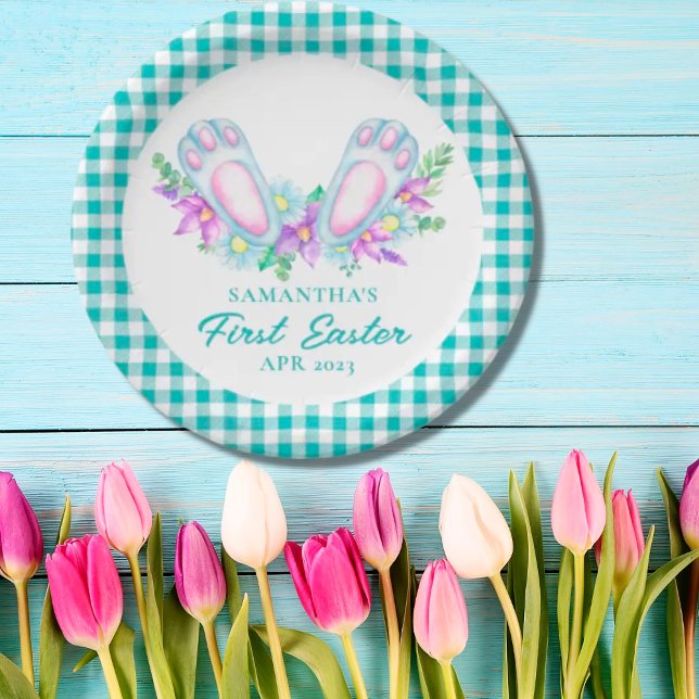 Personalised Plaid Bunny Feet My First Easter Paper Plate (Creator Uploaded)