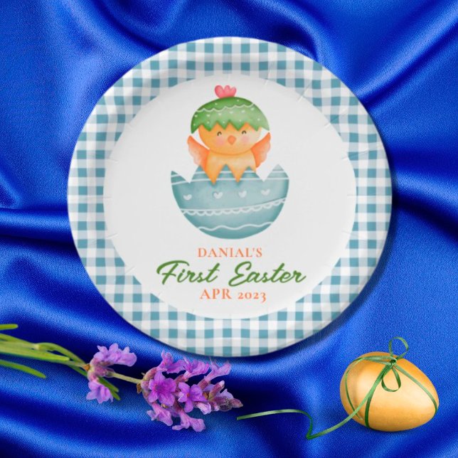 Personalised Plaid Chick Egg My First Easter Paper Plate (Creator Uploaded)