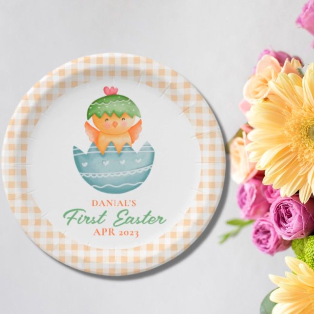 Personalised Plaid Chick Egg My First Easter Paper Plate (Creator Uploaded)