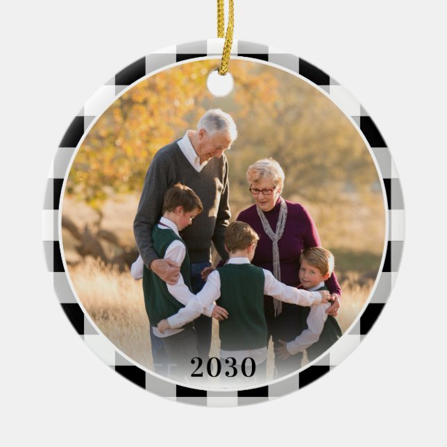 Personalised Plaid Christmas Photo Grandparents Ceramic Ornament (Front)