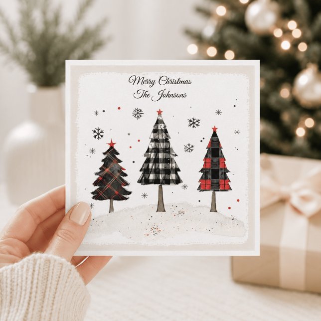 Personalised Plaid Christmas Tree Family Name  Card (Creator Uploaded)