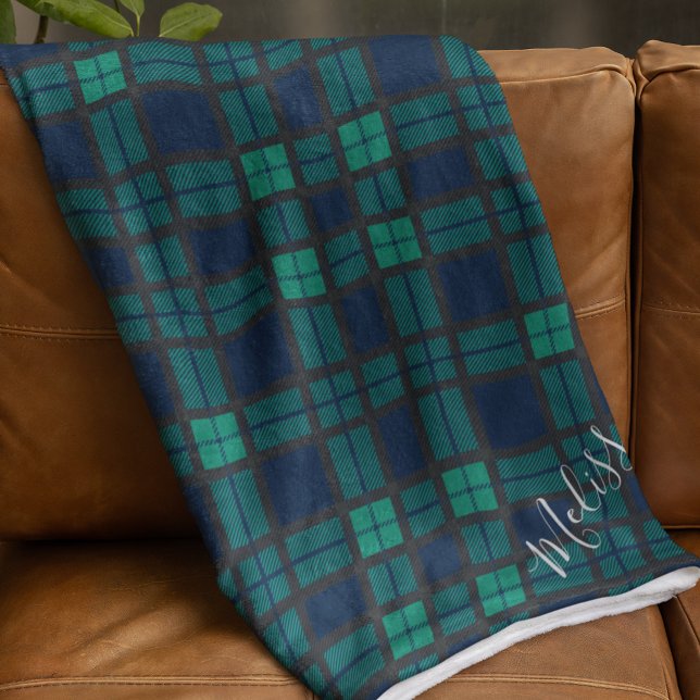 Personalised Plaid Clan Black Watch Tartan Fleece Blanket (Rustic Plaid Blackwatch Tartan Monogram Fleece Blanket)