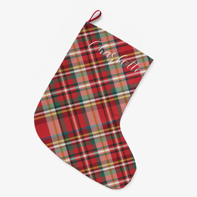 Personalised Plaid Farmhouse Script Red Custom Large Christmas Stocking (Front (Hanging))