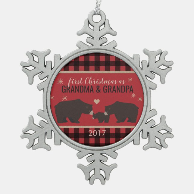 Personalised Plaid Grandparents Snowflake Ornament (Front)
