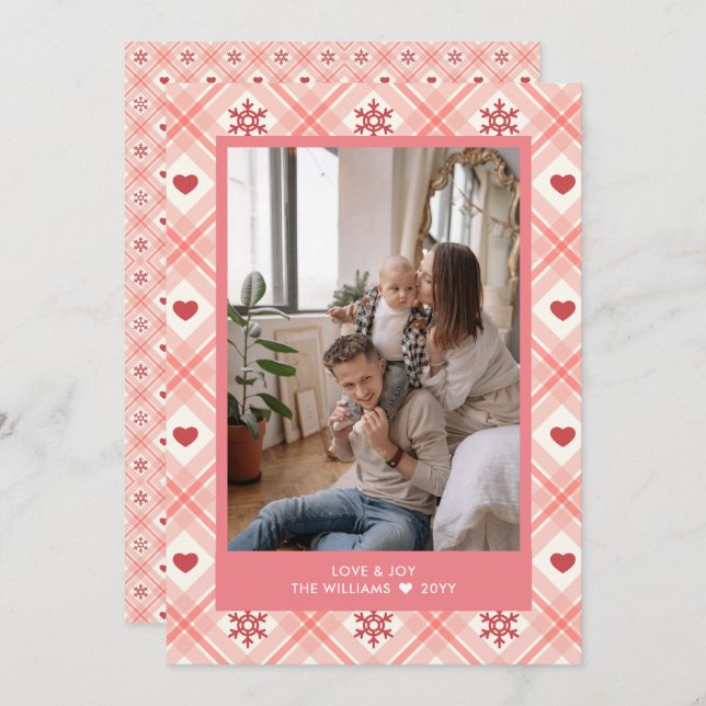 Personalised Plaid Heart Snowflake  Photo  Holiday Card (Front/Back)