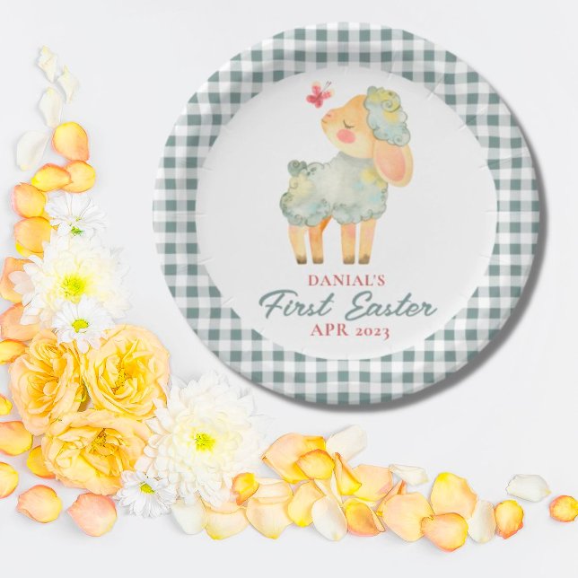 Personalised Plaid Little Lamb My First Easter Paper Plate (Creator Uploaded)