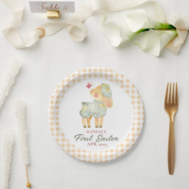 Personalised Plaid Little Lamb My First Easter  Paper Plate (Wedding)