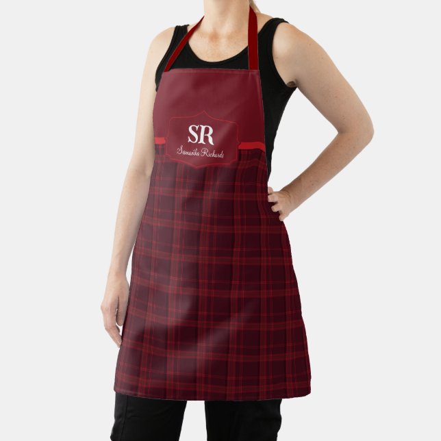 Personalised Plaid Monogram Red Tartan Apron (Insitu)