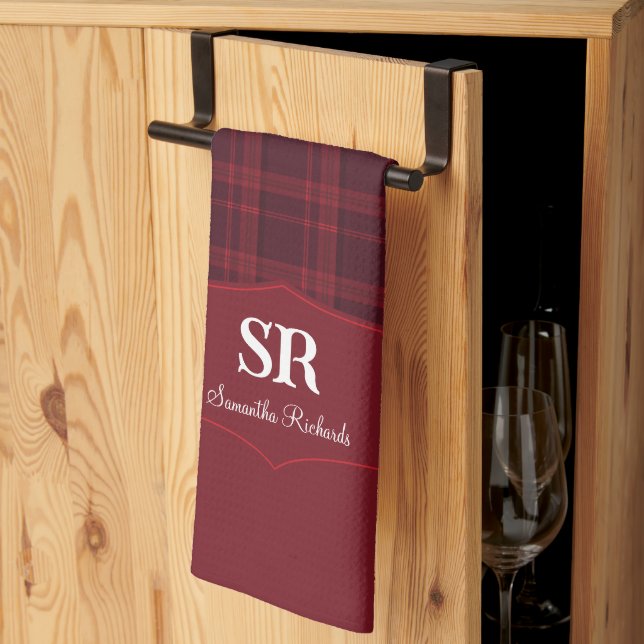 Personalised Plaid Monogram Red Tartan Baking Kitc Tea Towel (Thirds Fold)
