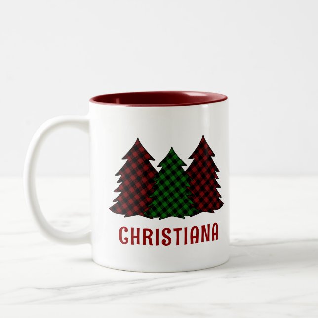 Personalised Plaid Pattern Christmas Tree Two-Tone Coffee Mug (Left)