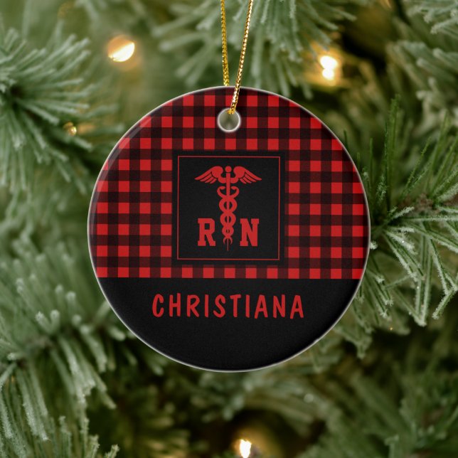 Personalised Plaid Pattern RN Registered Nurse Ceramic Ornament (Tree)