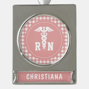 Personalised Plaid Pattern RN Registered Nurse Silver Plated Banner Ornament