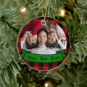 Personalised Plaid Photo text family Christmas  Ceramic Ornament