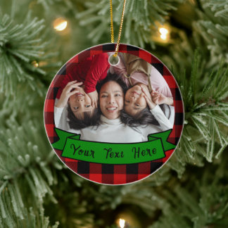 Personalised Plaid Photo text family Christmas  Ceramic Ornament