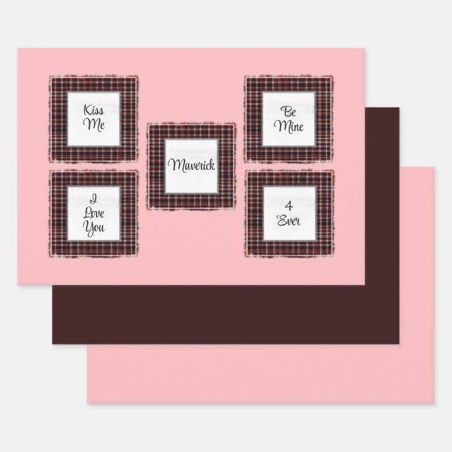 Personalised Plaid Pink Brown Matched Valentine's Wrapping Paper Sheet (Set)