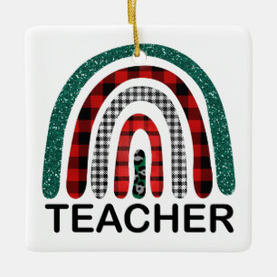 Personalised Plaid Rainbow Teacher Christmas Gift Ceramic Ornament