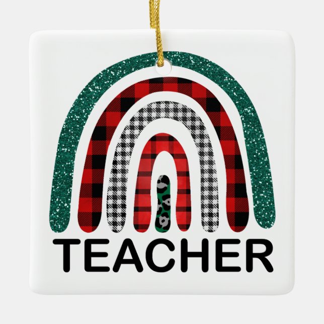 Personalised Plaid Rainbow Teacher Christmas Gift  Ceramic Ornament (Front)