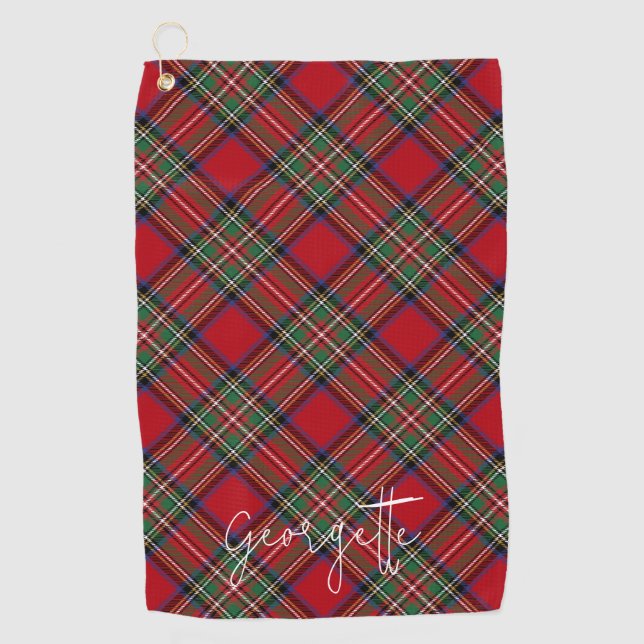 Personalised Plaid Red Green Rustic Stewart Tartan Golf Towel (Front)