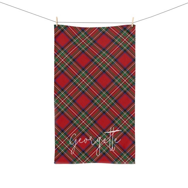 Personalised Plaid Red Green Rustic Stewart Tartan Hand Towel (Elegant Rustic Plaid Script Stewart Tartan Hand Towel)