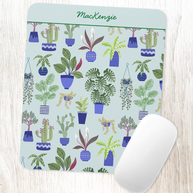 Personalised Plant Gardening Mouse Pad (Personalized custom name houseplant cactus succulent pattern mouse mat)