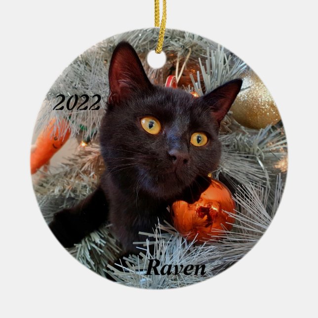 Personalised Playful Black Cat in Christmas Tree  Ceramic Ornament (Front)