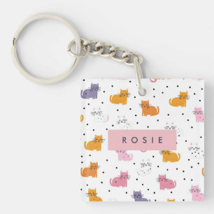 Personalised Playful Cat Pattern with Polka Dots Key Ring
