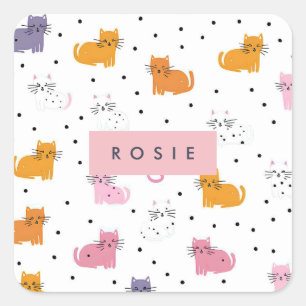 Personalised Playful Cat Pattern with Polka Dots Square Sticker