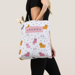 Personalised Playful Cat Pattern with Polka Dots Tote Bag