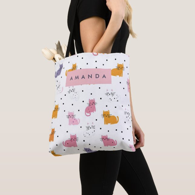 Personalised Playful Cat Pattern with Polka Dots  Tote Bag (Close Up)