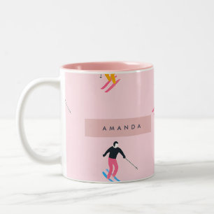 Personalised Playful Pastel Skiers Retro Two-Tone Coffee Mug