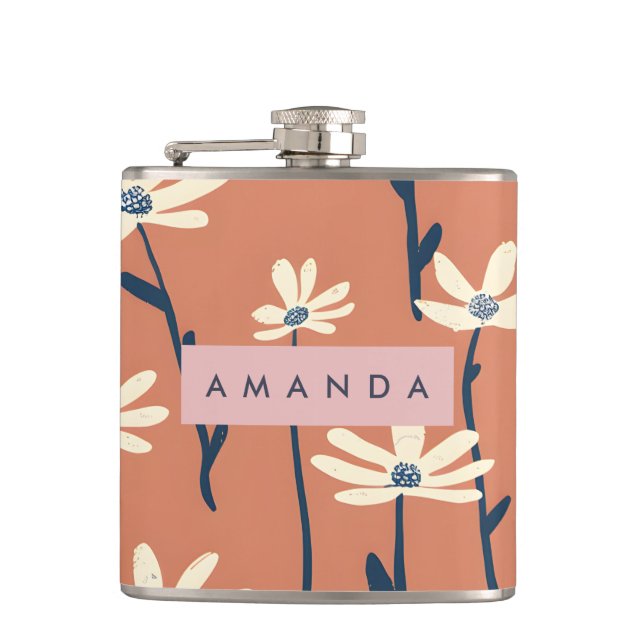 Personalised Playful Retro Daisy Flower Hip Flask (Front)