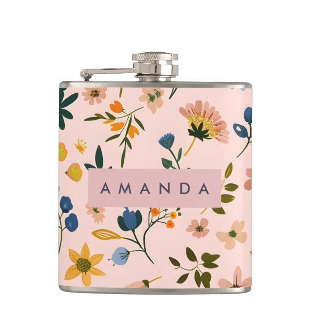Personalised Playful Wildflower in Peach Hip Flask (Front)