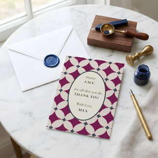 Personalised Plum Cream Navy Tile Flat Thank You Card