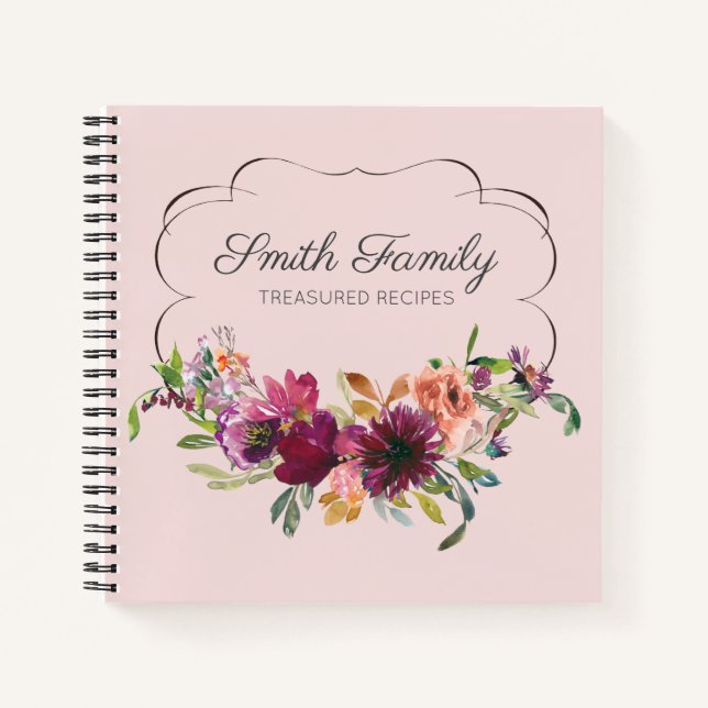 Personalised Plum Purple Blush Pink Floral Recipe Notebook (Front)