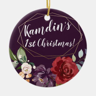 Personalised Plum Purple Roses Gold Geometric Flor Ceramic Ornament