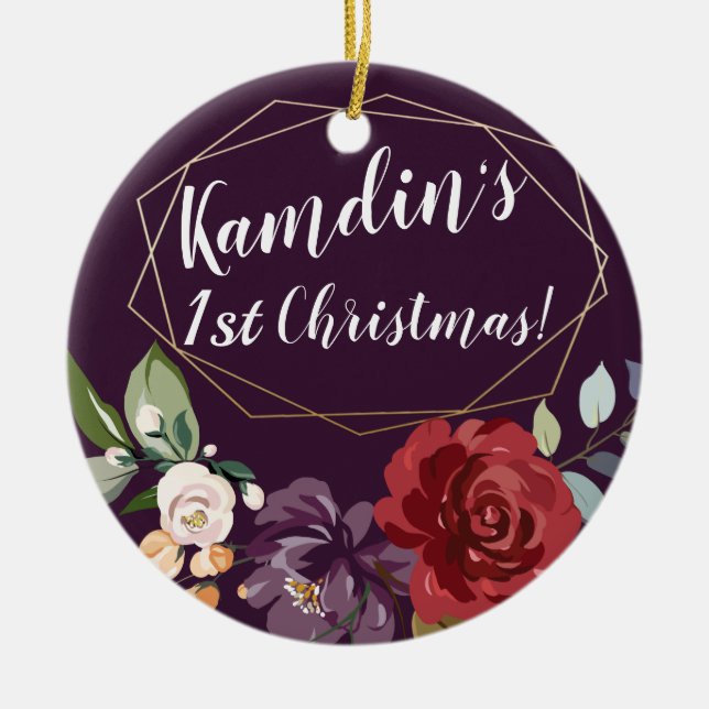 Personalised Plum Purple Roses Gold Geometric Flor Ceramic Ornament (Front)