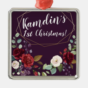 Personalised Plum Purple Roses Gold Geometric Flor Metal Ornament